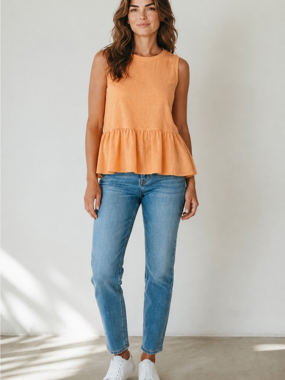 Free People Peachy-Orange Peplum Sleeveless Crop Top with Open Tie Back